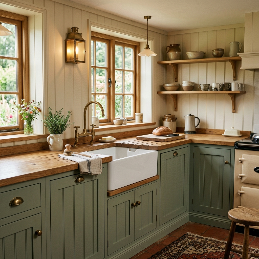 Classic shaker kitchen in sage green, solid oak worktops