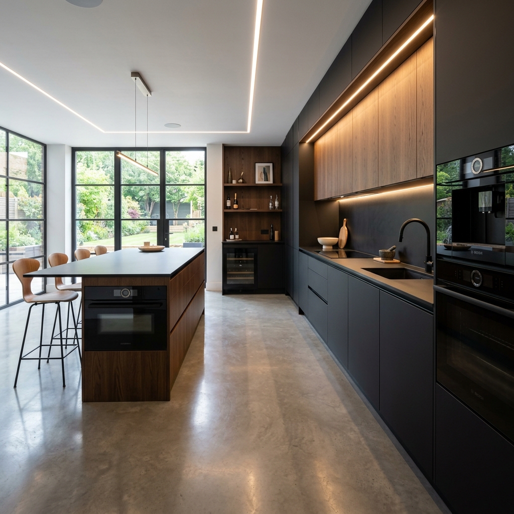 Luxury matte black modern kitchen with LED strip lights